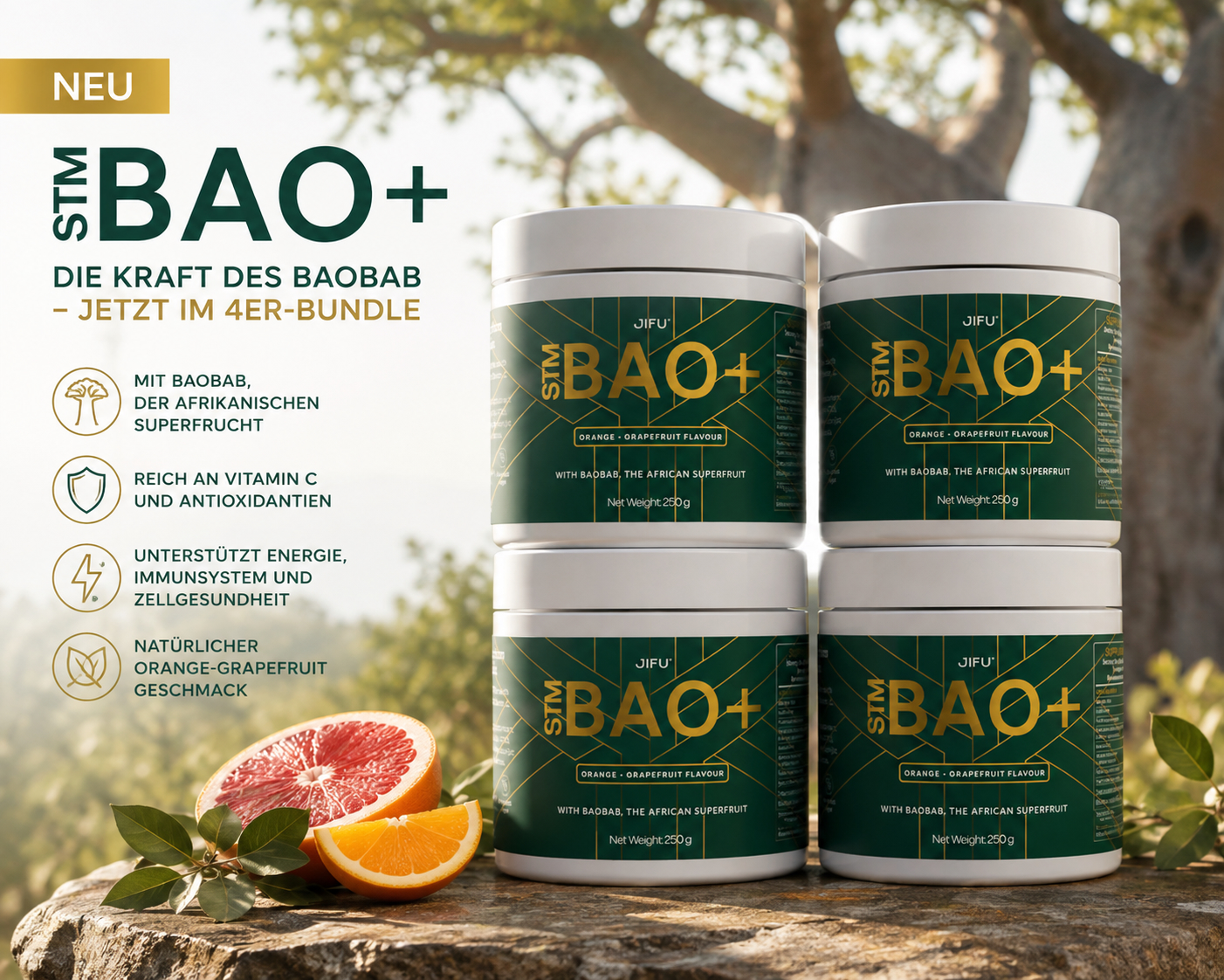 STM BAO Plus von JIFU im 4er Produktbundle mit Baobab, Orange-Grapefruit und Zitrusgetränk