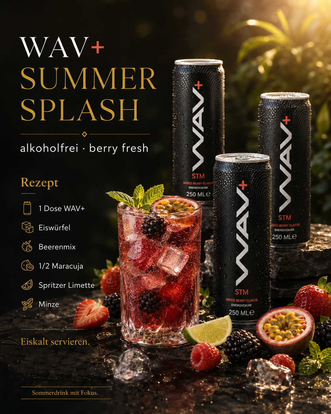 WAV+ Summer Splash Rezept mit Beeren, Maracuja, Limette, Minze und Eiswürfeln